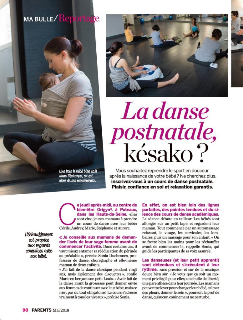 Page d'un magazine parents 2018 : La danse postnatale, késako